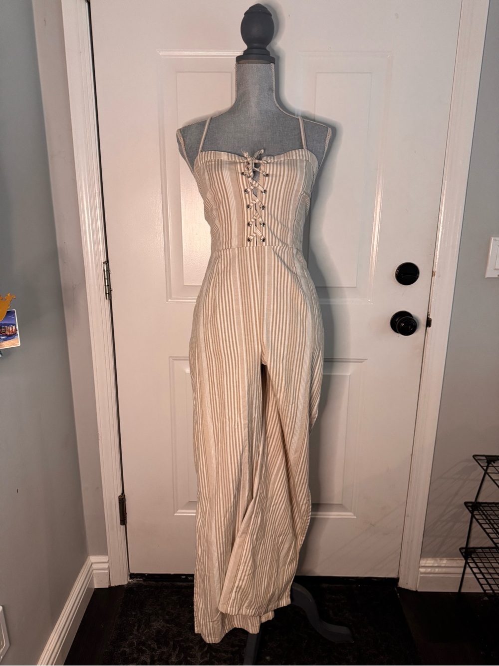 Derek Heart Cream and Beige Striped Lace-Up Strapless Jumpsuit